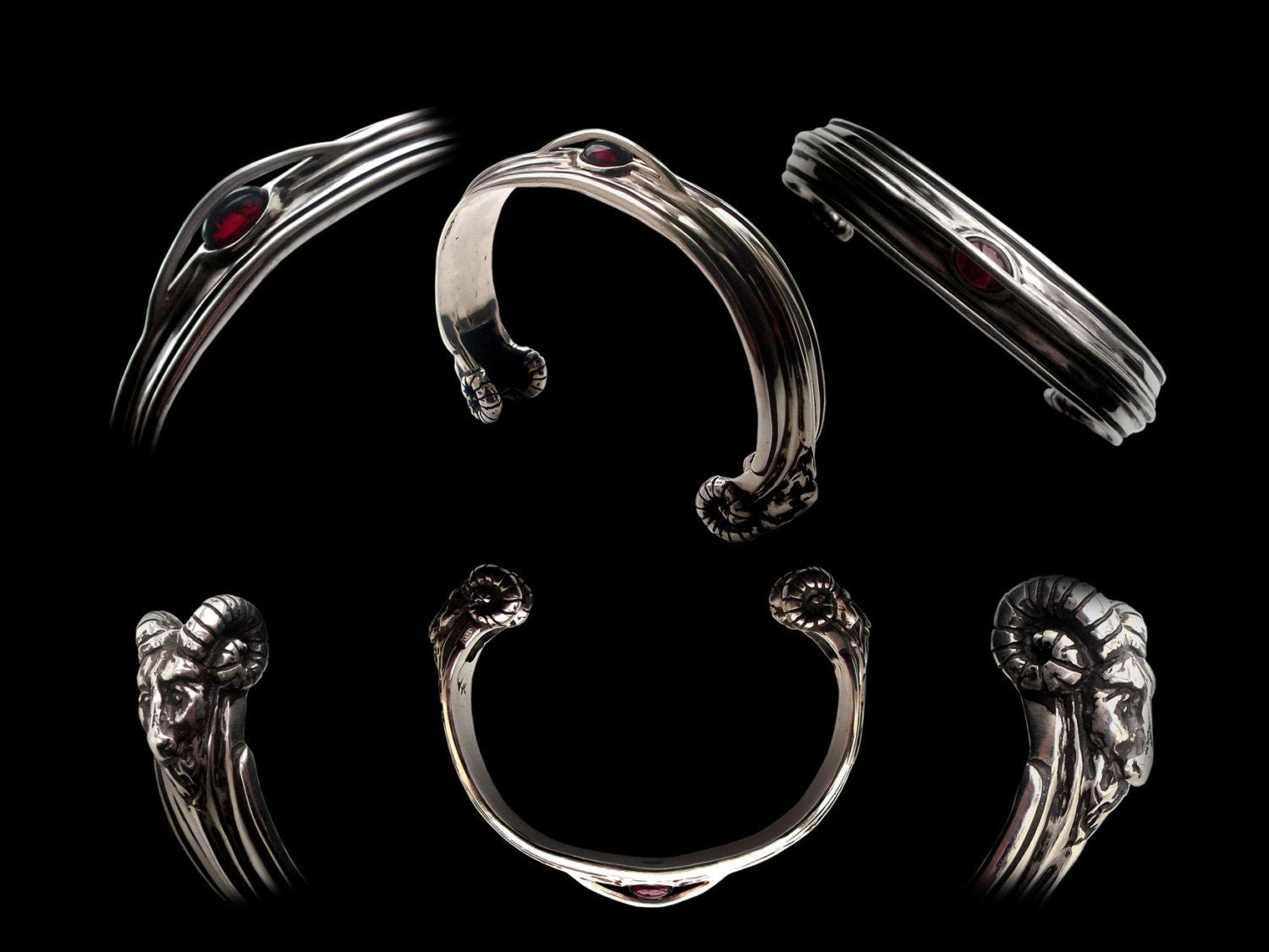 Baphomet Bracelet - Sterling Silver Bracelet Bighorn Baphomet - Evil Sabbatic Goat  - Ram Devil - with red Garnet