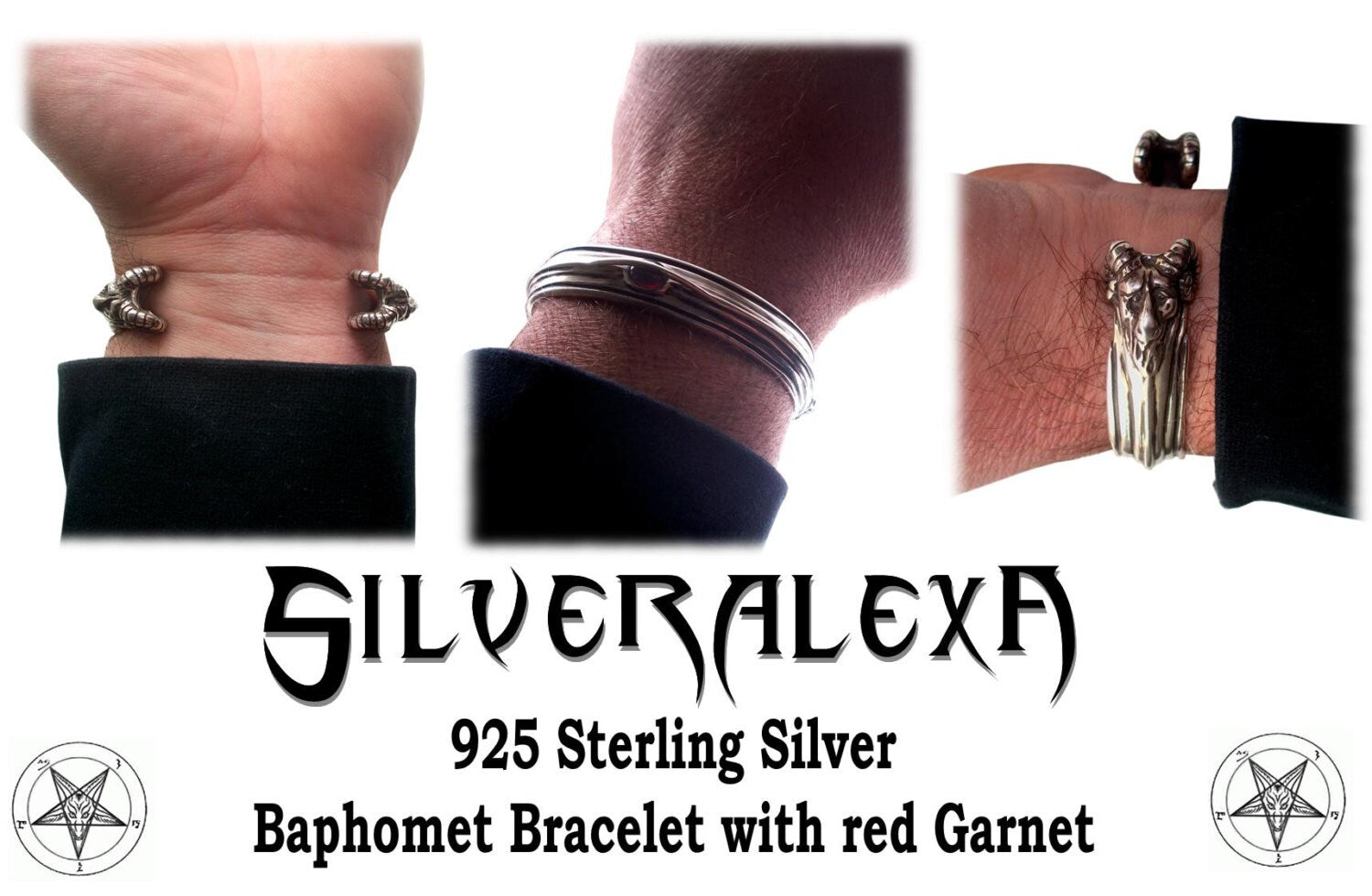 Baphomet Bracelet - Sterling Silver Bracelet Bighorn Baphomet - Evil Sabbatic Goat  - Ram Devil - with red Garnet