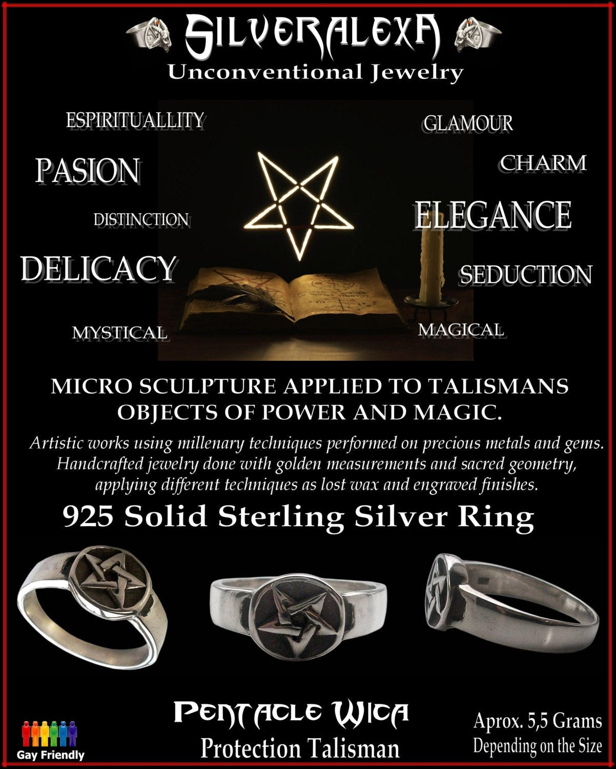 Pentacle ring - Sterling Silver Pentacle Pentagram Wicca Ring - Power and Magic - Small round