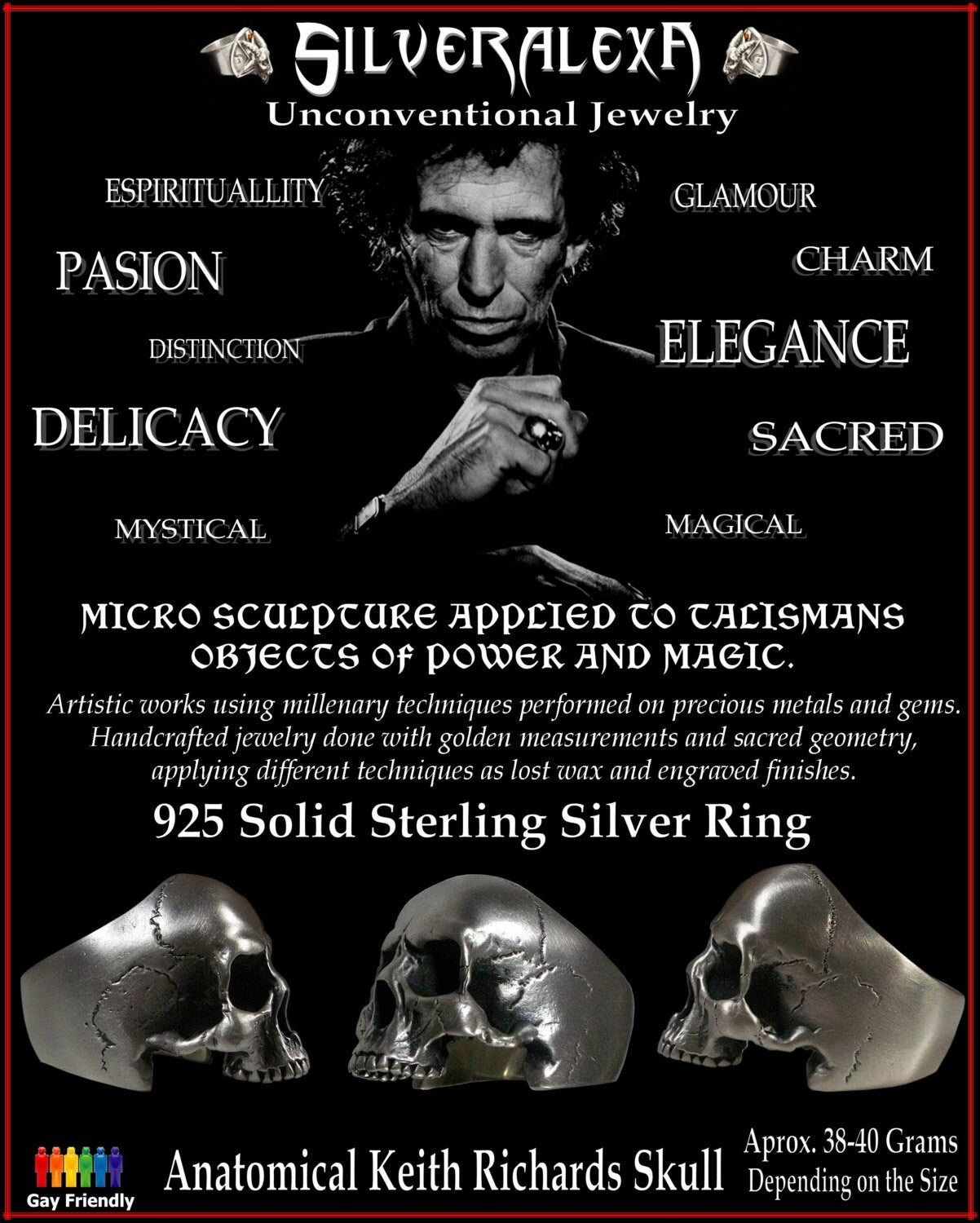 Skull Ring - Sterling Silver Anatomical Keith Richards Skull Ring
