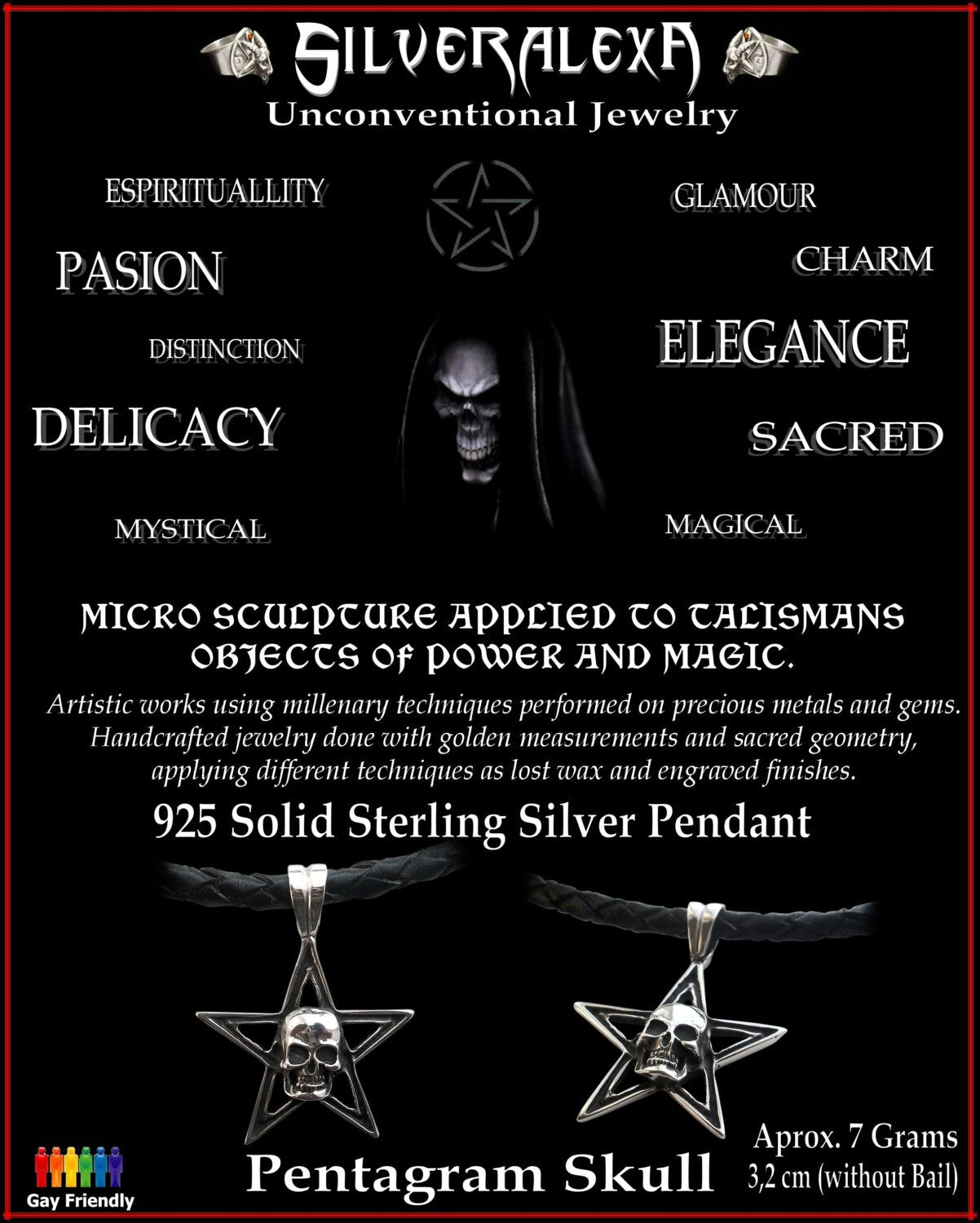 Skull pendant - Sterling Silver Pentagram Skull Pendant w/ italian black braided leather necklace