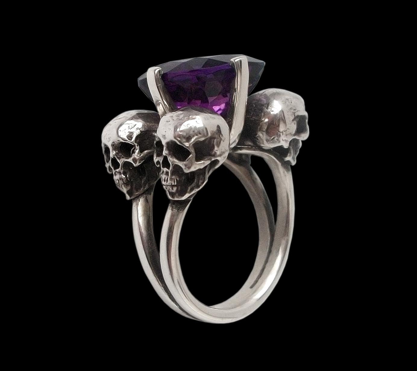 Skull ring - Sterling Silver Four horsemen Engagement skull Ring w/ 12 mm Feceted Amethyst- ALL SIZES