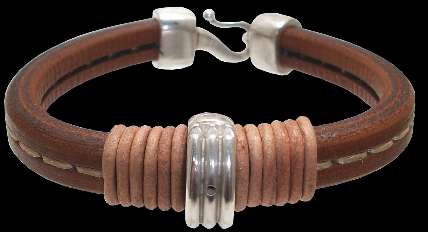 Atlantis bracelet - Sterling silver and brown italian Leather Bracelet Cuff - Mini Atlantis Ring Bead