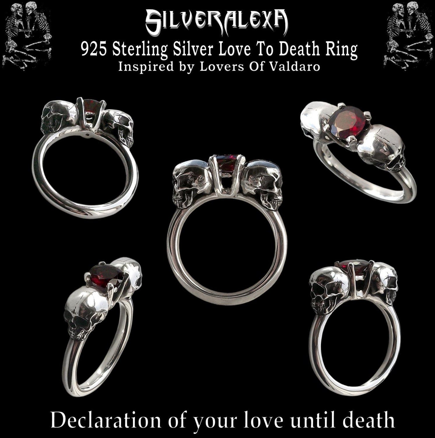 Skull engagement ring - Sterling Silver Dark Gothic Skull Engagement Ring with Red Garnet - Love to Death Ring Inspired by Lovers Of Valdaro