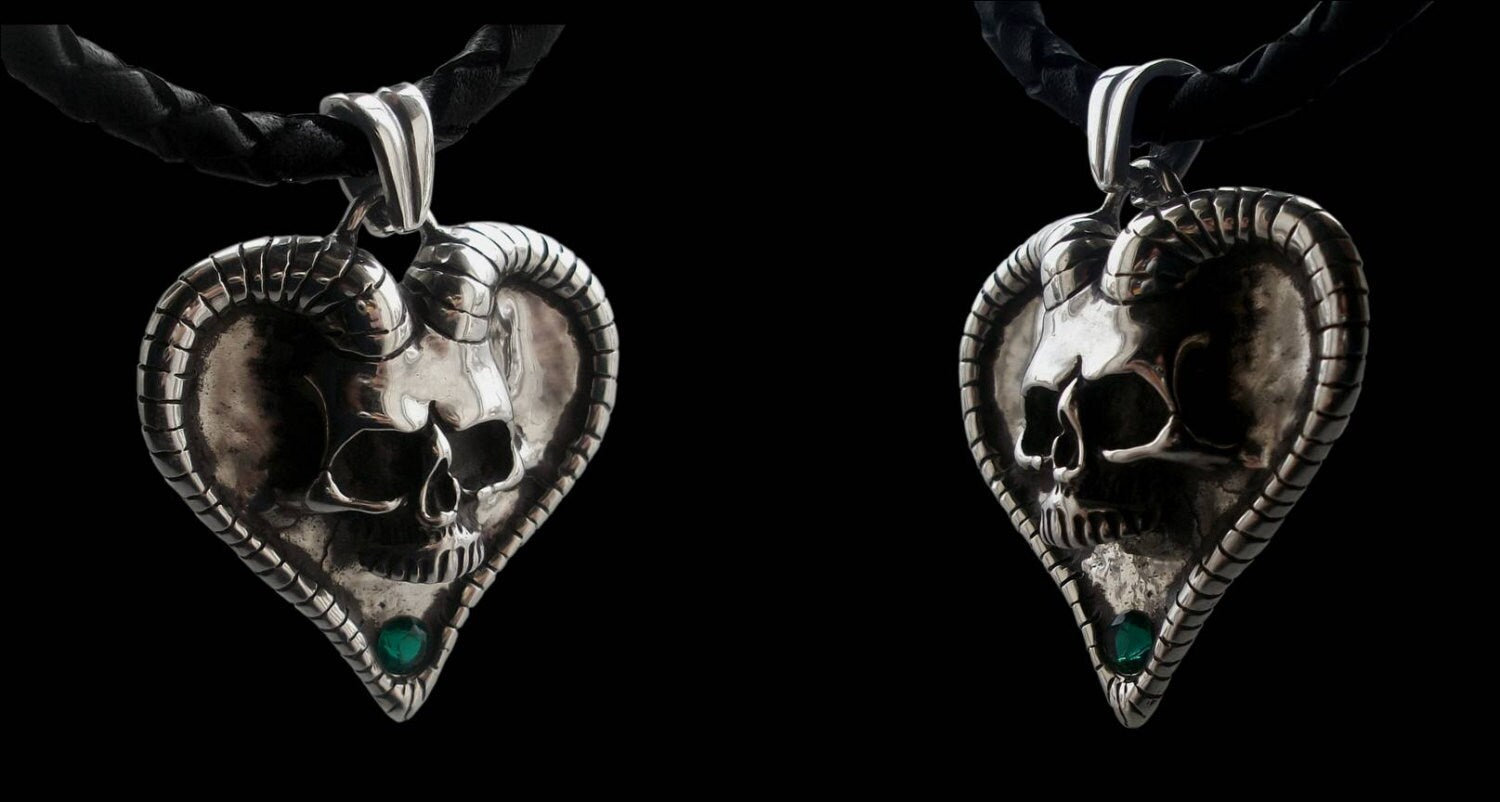 Skull engagement pendant - Sterling Silver Devil Skull Heart Pendant with Lab Created Emerald - Black Braided Leather Cord Necklace