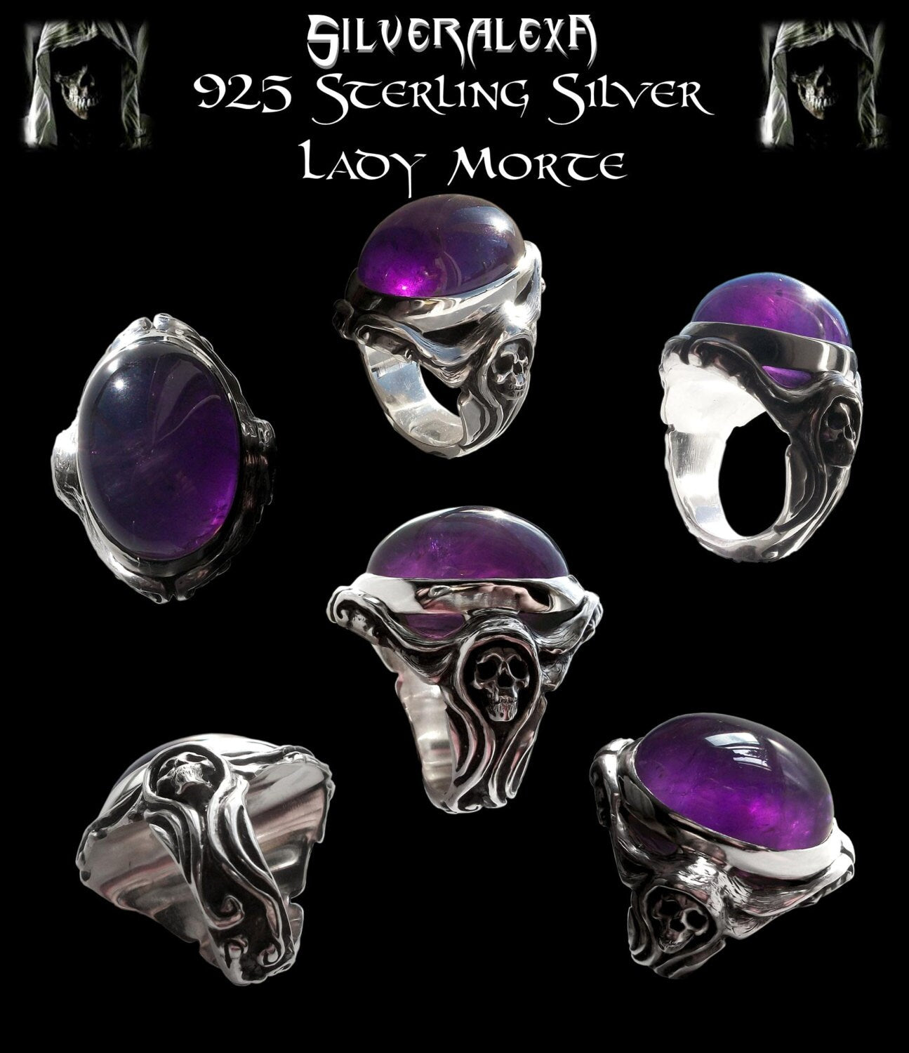 Skull ring - Sterling Silver Art Nouveau Engagement Skull Ring with amethyst - Lady Morte ring - ALL Sizes