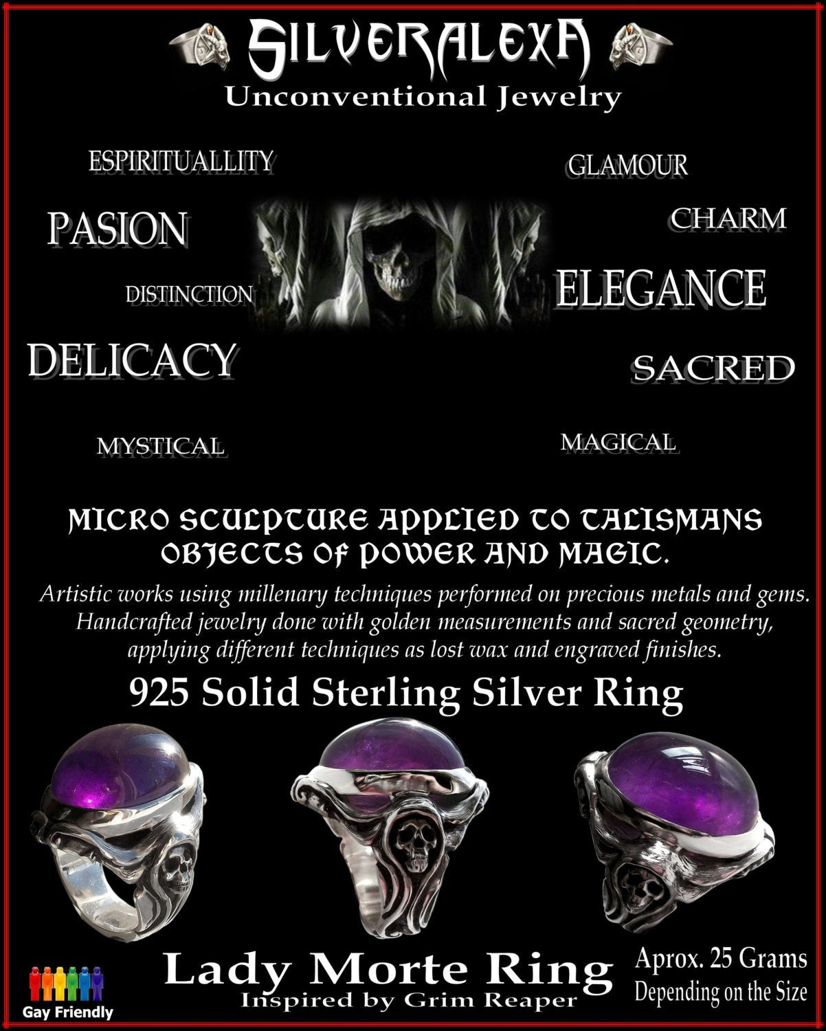 Skull ring - Sterling Silver Art Nouveau Engagement Skull Ring with amethyst - Lady Morte ring - ALL Sizes
