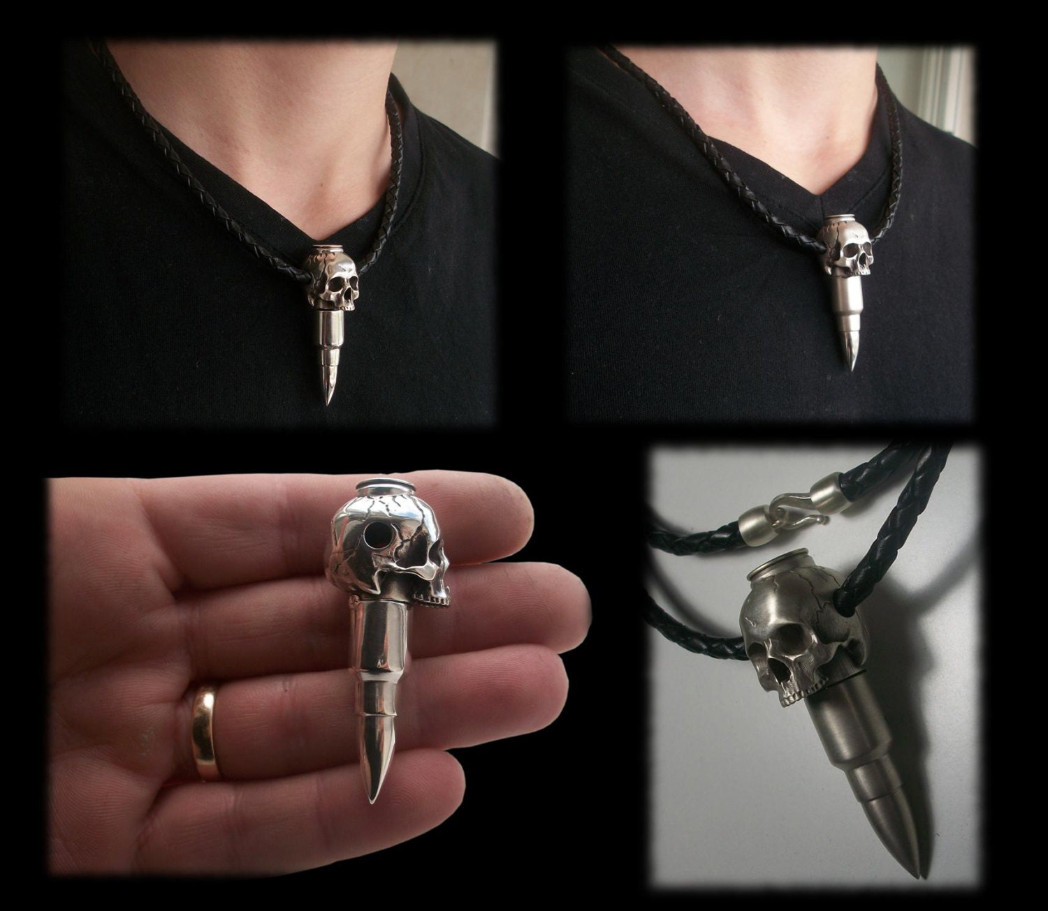 Poison pendant - Sterling Silver Skull Bullet Poison Pendant - 57 grams - Black Braided Leather cord Necklace