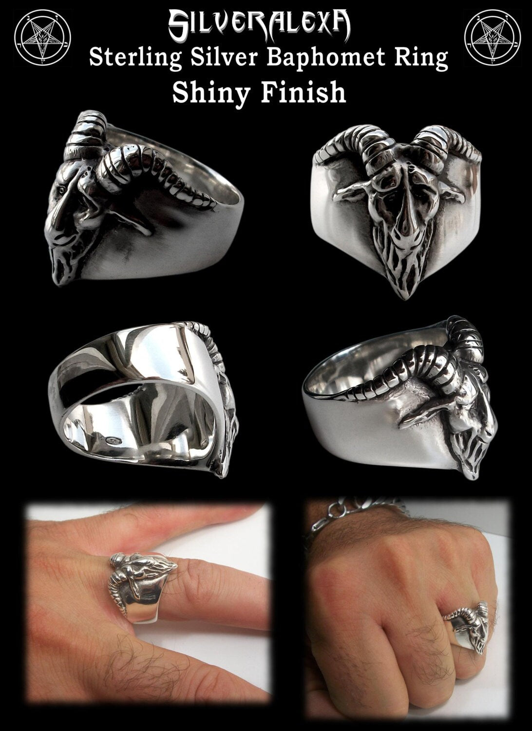 Baphomet ring - Sterling Silver Baphomet Evil Sabbatic Goat Ring - ALL SIZES - Brushed or Shiny finish
