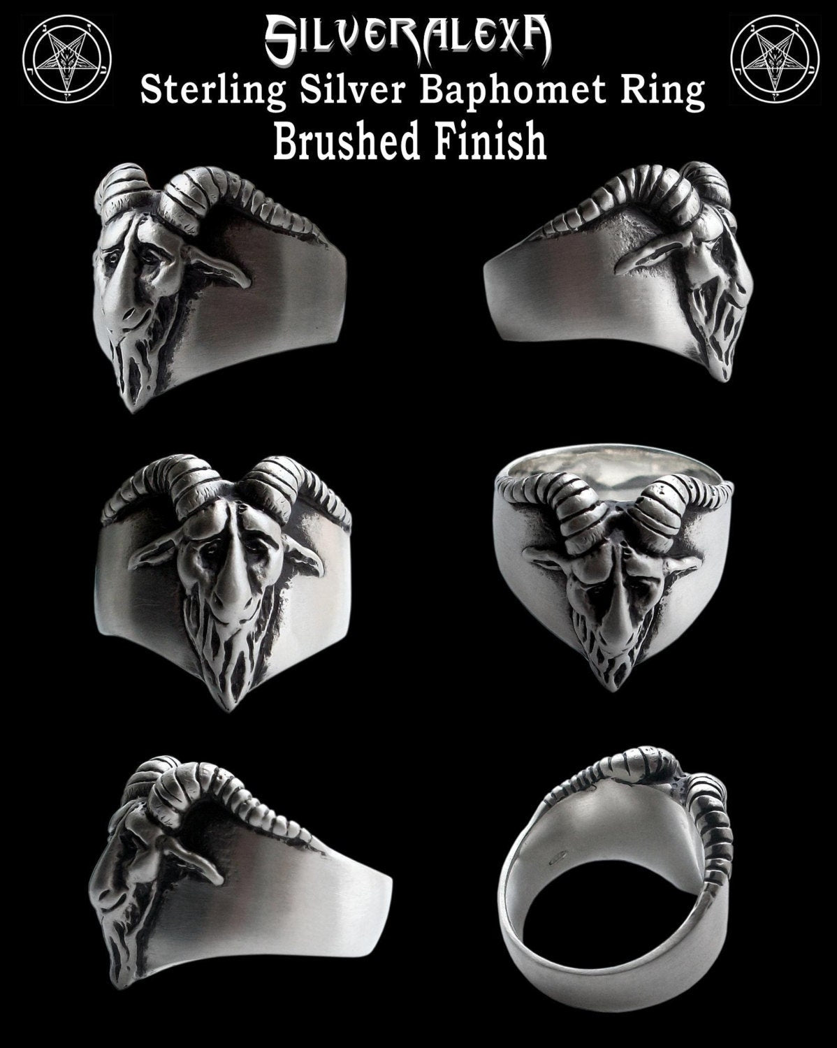 Baphomet ring - Sterling Silver Baphomet Evil Sabbatic Goat Ring - ALL SIZES - Brushed or Shiny finish