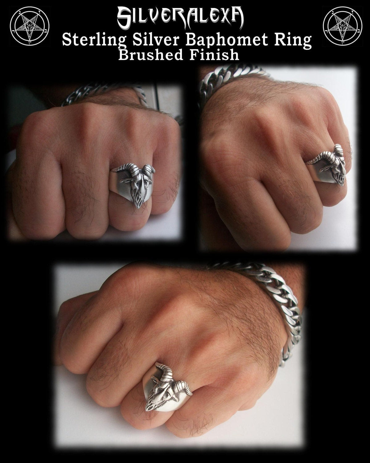 Baphomet ring - Solid Sterling Silver Baphomet Evil Sabbatic Goat Ring - ALL SIZES - Brushed or Shiny finish