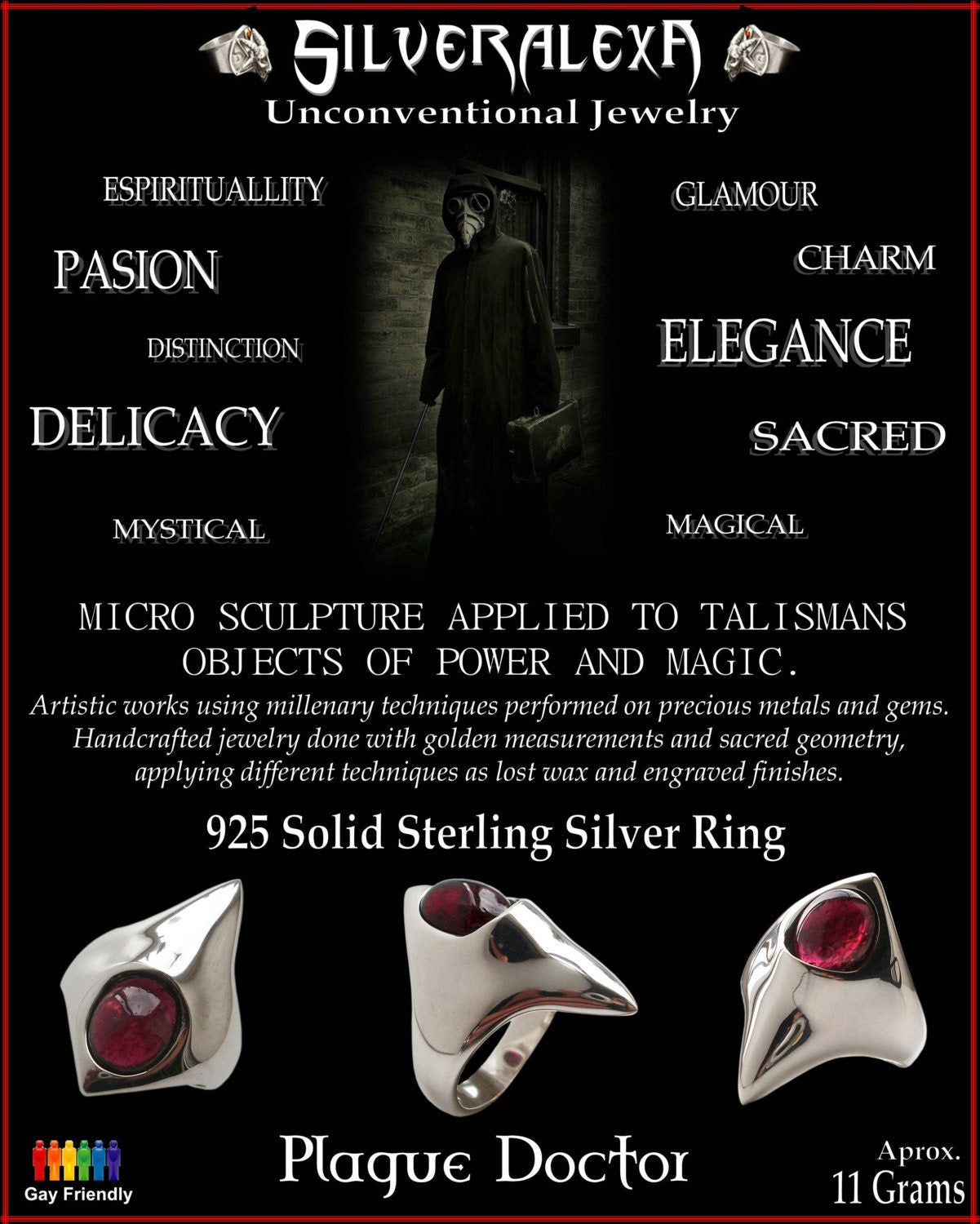 Claw ring - Sterling Silver Plague doctor Ring with garnet - ALL SIZES