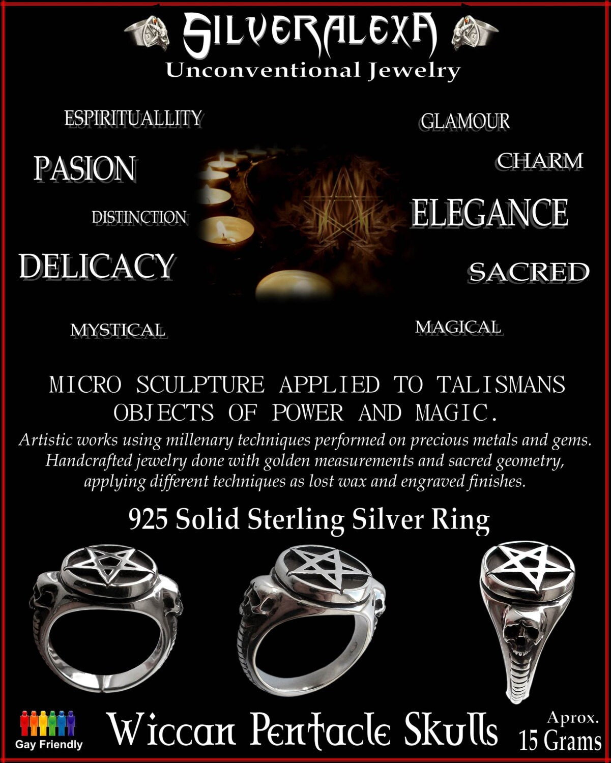 Skull ring - Sterling Silver Pentacle skull Ring -  ALL SIZES