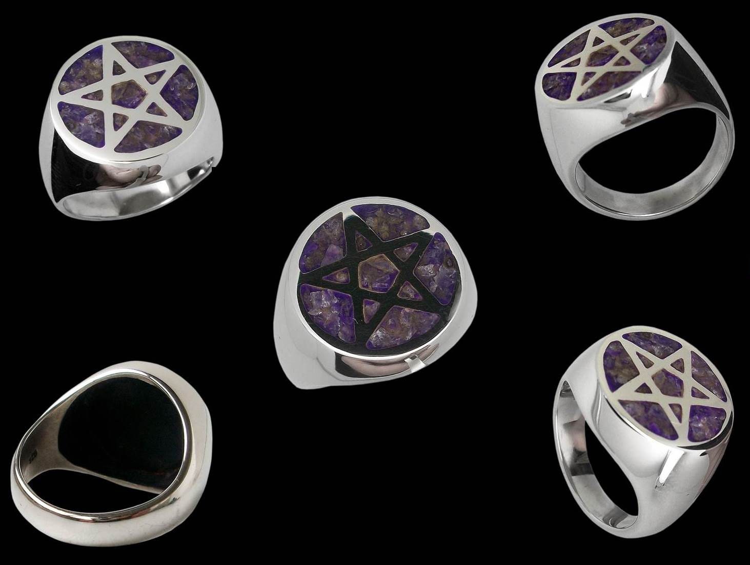 Pentacle ring - Sterling Silver Pentacle ring with crushed Amethyst - All Sizes