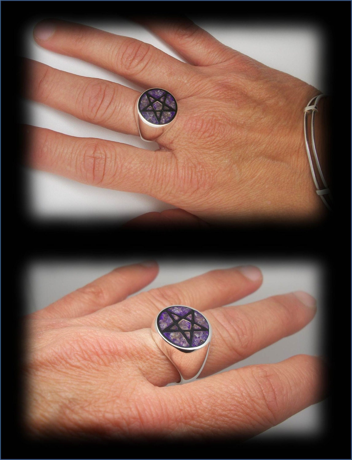 Pentacle ring - Sterling Silver Pentacle ring with crushed Amethyst - All Sizes